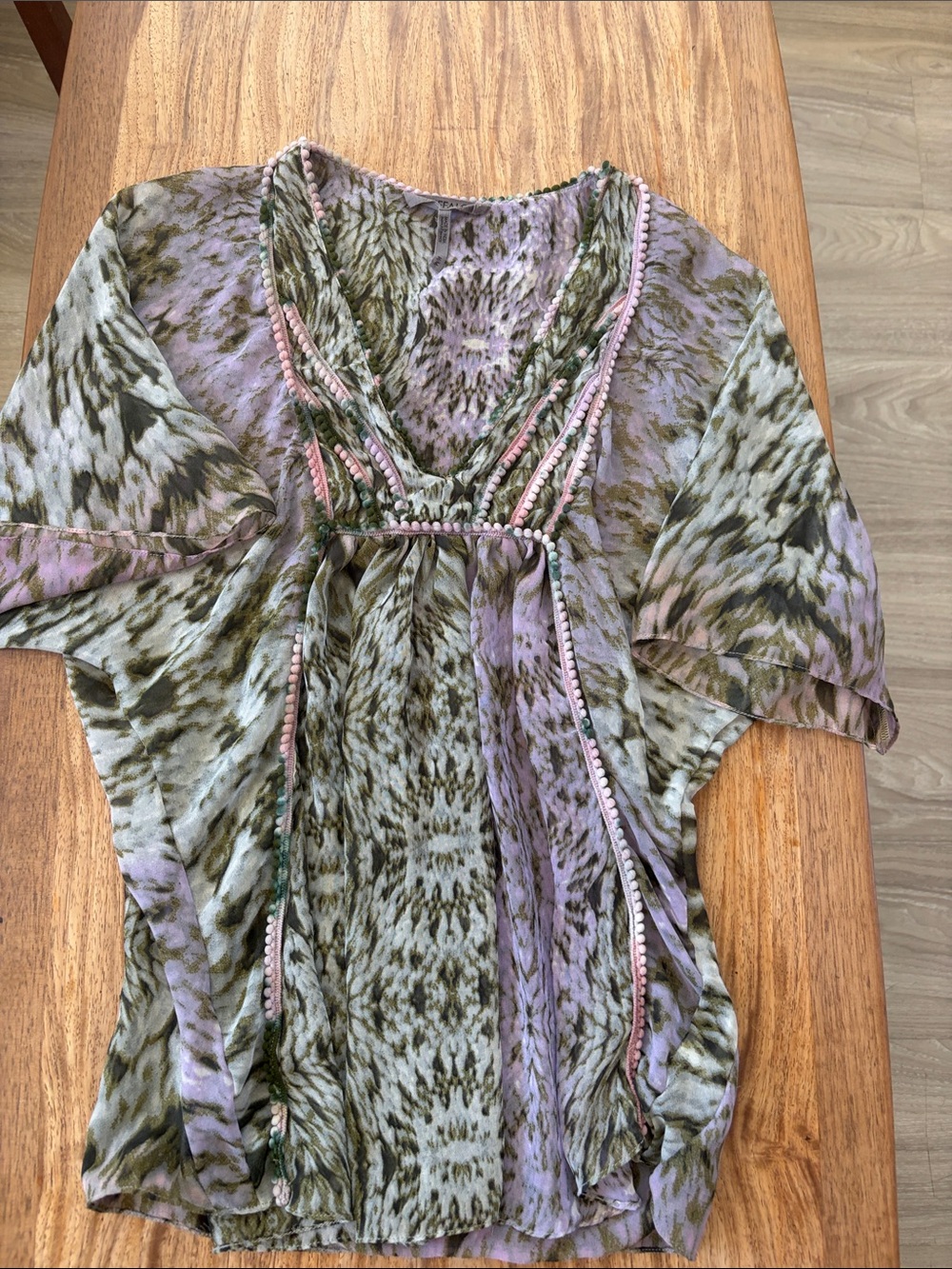 Buffalo David Bitton Lavender and Olive Patterned V-Neck Tunic with Braided Trim